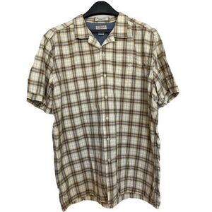 LL Bean Men's L Large Button Up Plaid Short Sleeve Cotton‎ Shirt Tan *Flaw